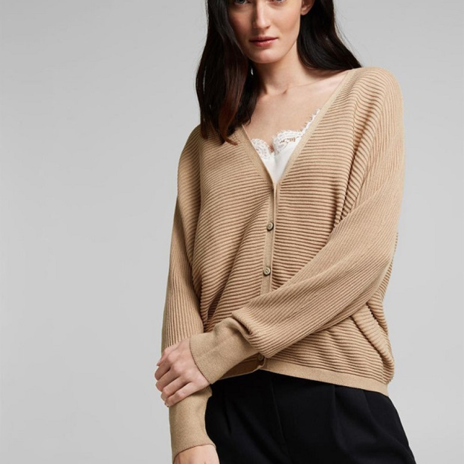 Cardigan bej nude, lejer, din amestec de lyocell și cu striații orizontale