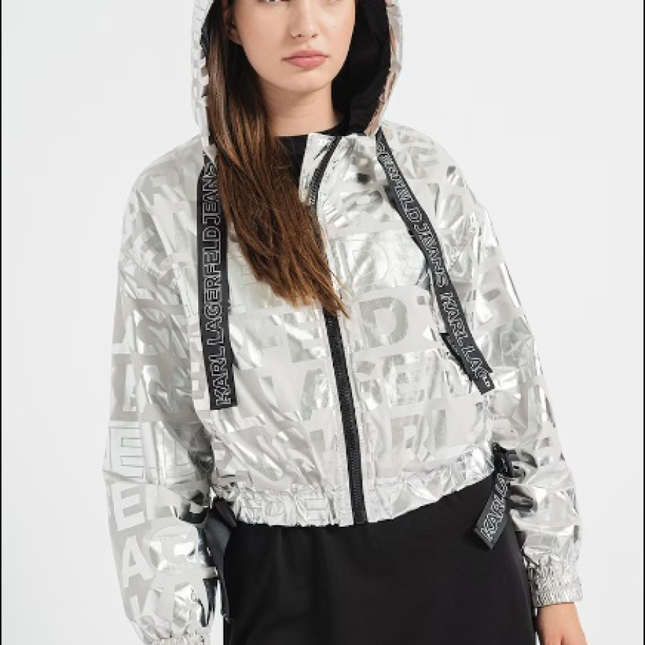 Jachetă crop cu monograma KARL LAGERFELD JEANS și litere argintii strălucitoare imprimate 