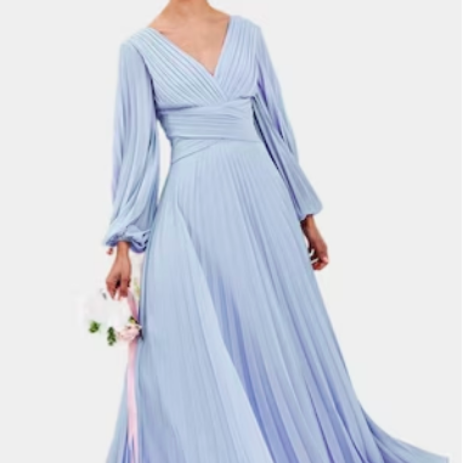 Rochie lungă din voal plisat, Albastru azur