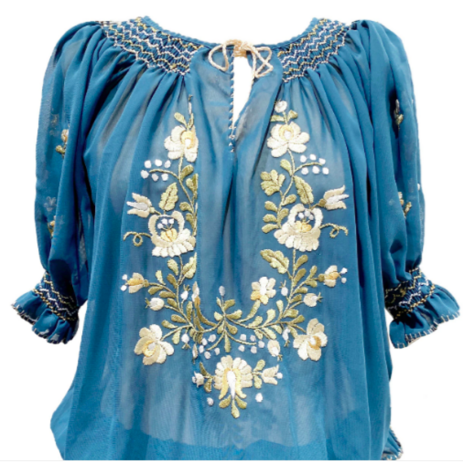 Bluza tip ie, motiv floral tradițional românesc brodat, Albastru