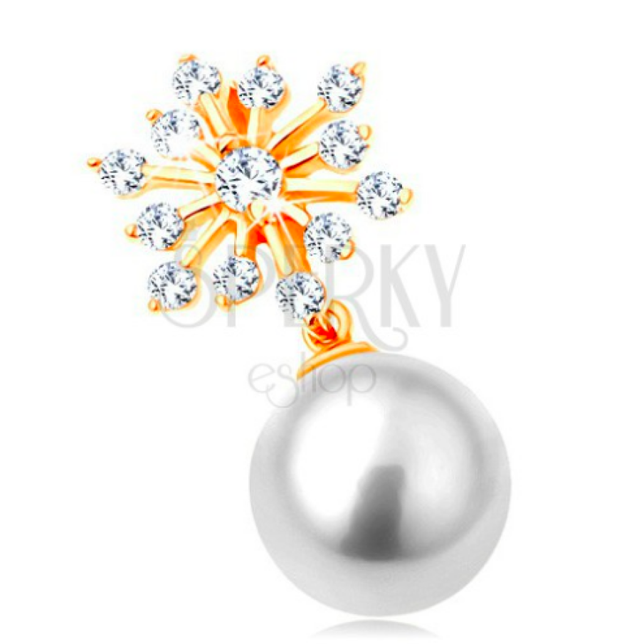 Pandantiv din aur galben de 14K - fulg de zăpadă lucios, perlă albă rotundă