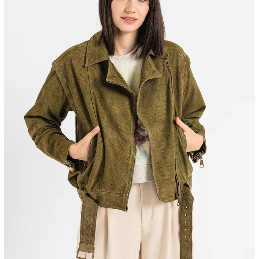 Jachetă biker de piele întoarsă de la Ted Baker, decorată cu miniperforatii, în nuanță de verde militar