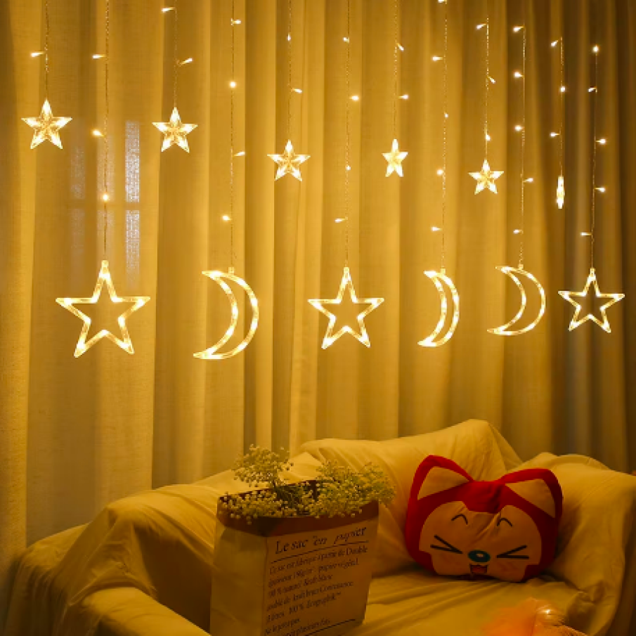 Instalație de Crăciun, Perdea luminoasă, Nevermore®, Stele cu Luna, 3 m, Interconectabila, Alb cald