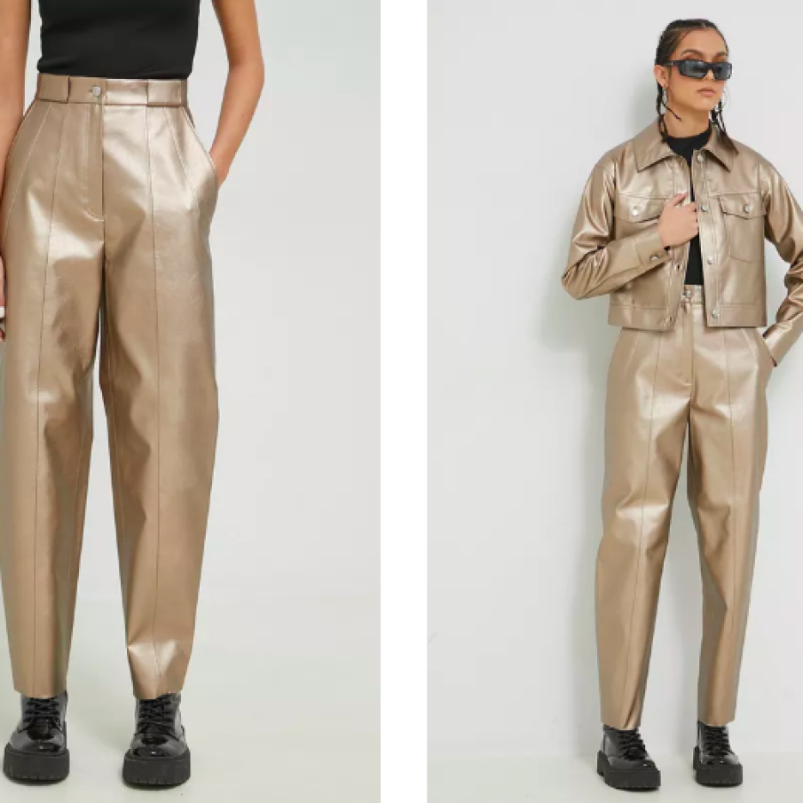 Modelul are înalțimea 175 cm și poartă măsura 36 HUGO pantaloni femei, culoarea auriu, drept, high waist