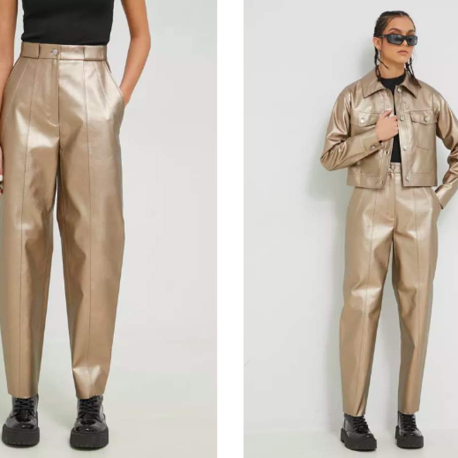 Modelul are înalțimea 175 cm și poartă măsura 36 HUGO pantaloni femei, culoarea auriu, drept, high waist