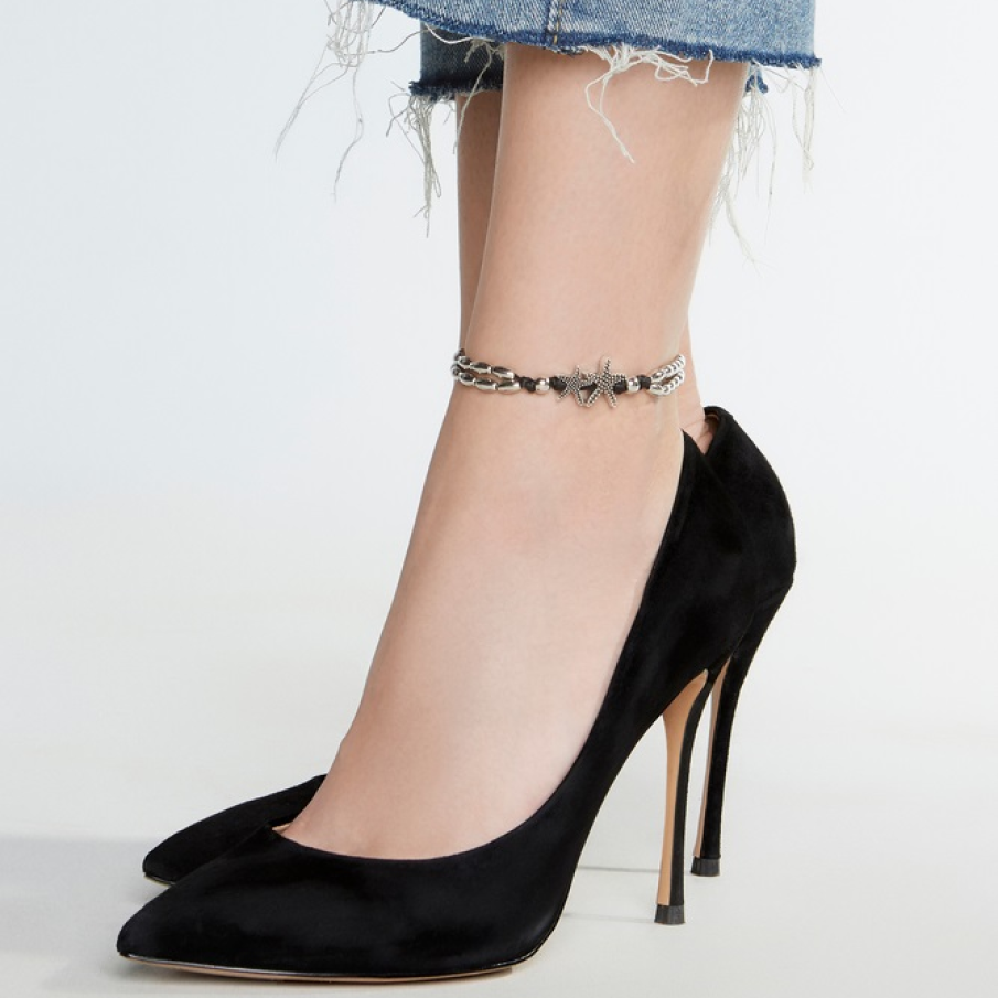 Lanț dublu de metal pentru gleznă, cu aplicații de argint precum stea de mare 