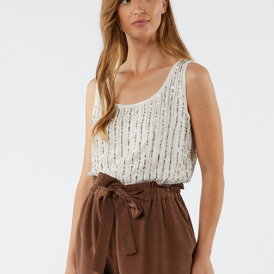 Top alb cu paiete Oltre dispuse în dungi verticale 