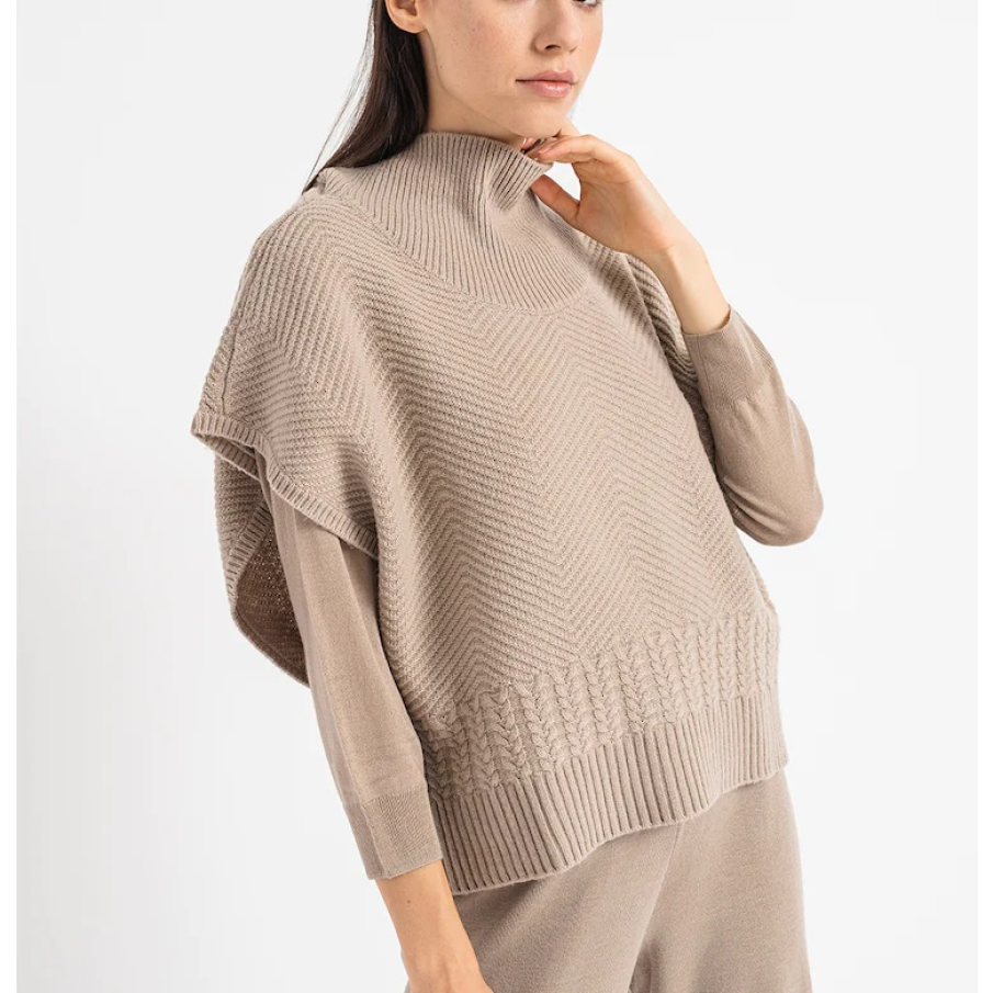 Vestă din amestec de lână cu guler scurt, mâneci ample, în nuanță de maro taupe deschis