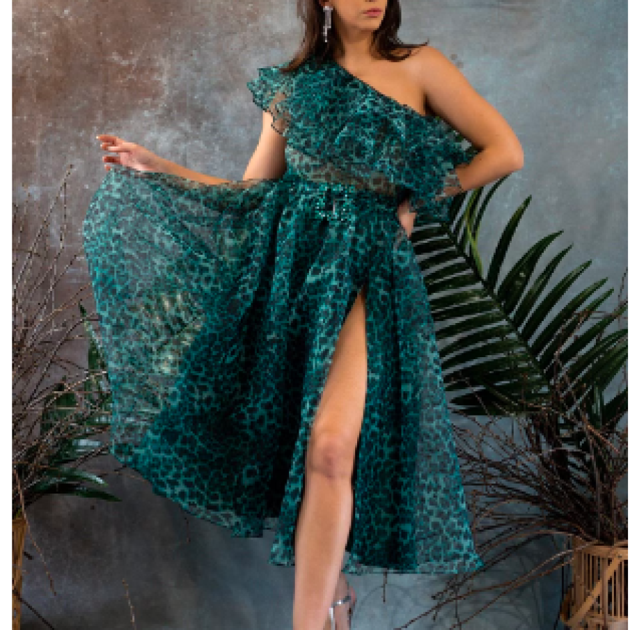 MIAU by Clara Rotescu, Rochie cu decolteu pe un umar și animal print Monse, Verde persan