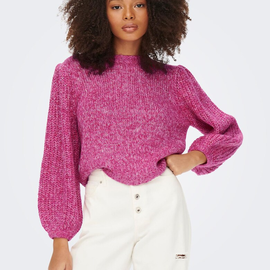 Pulover tricotat de la Only în nuanță de fucsia, cu mâneci bufante