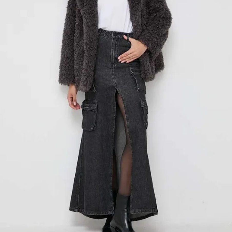 Fustă de jeans în nuanță de gri antracit, de dimensiuni maxi, în stil cargo, cu buzunare, de la Miss Sixty