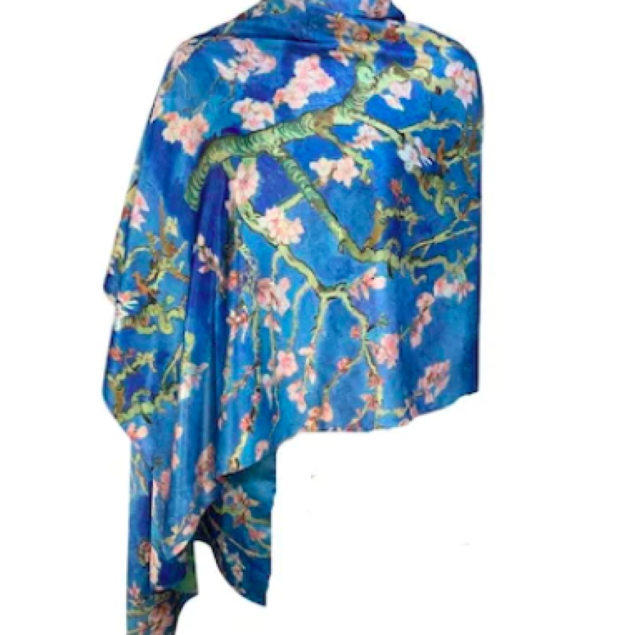 Eșarfă tip șal două fețe pictată FC, Dacali, mătase, bleu/roz, 180x70cm