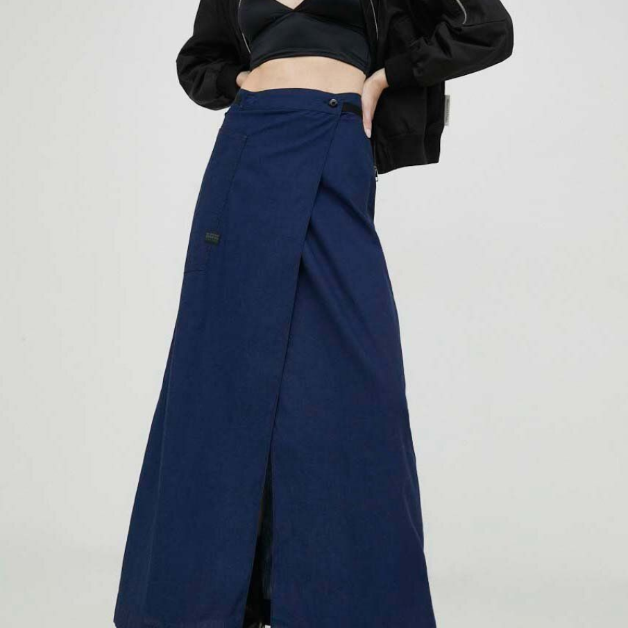 Fustă maxi G-Star Raw din bumbac, petrecută, în nuanță de albastru marin închis 