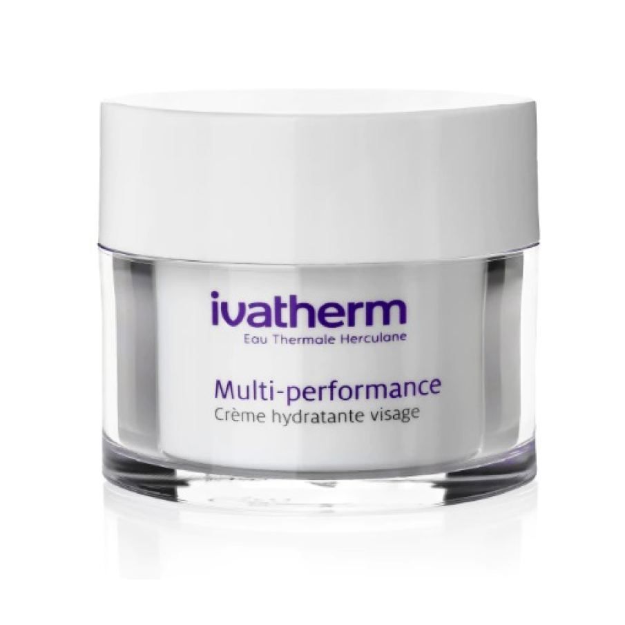 Cremă hidratantă pentru față Multi-performance de la Ivatherm. Este îmbogățită cu ceramide și acid hialuronic pentru hidratarea și refacerea pielii și este destinată tenului uscat și sensibil.