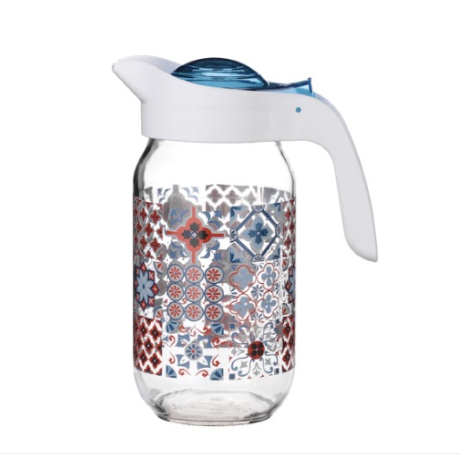 Carafă Pufo Tradițional din sticlă reciclabilă cu capac, de 1 L, pentru a servi apă, limonadă sau diverse sucuri din ea