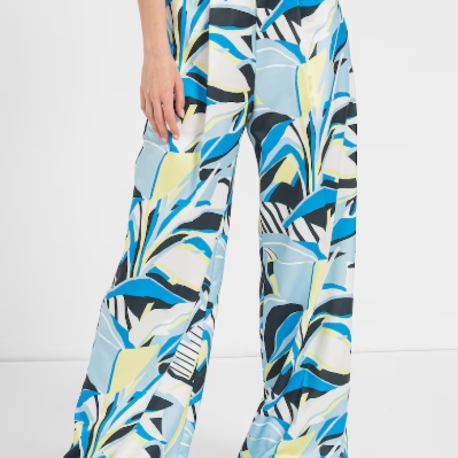 Pantaloni cu croială amplă și imprimeu grafic HUGO, ce combină albul cu negrul, galbenul și două nuanțe de albastru 