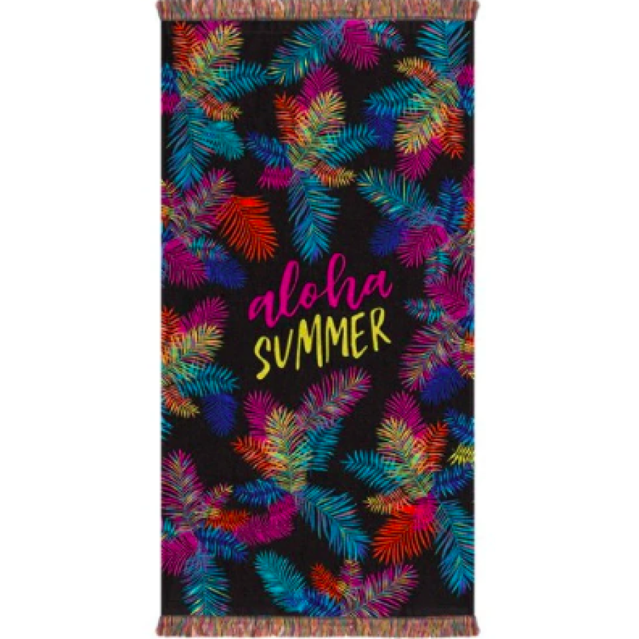 Prosop de plajă pentru damă, 140 x 70 cm, bumbac, imprimeu de vară, cu mesaj, negru / multicolor