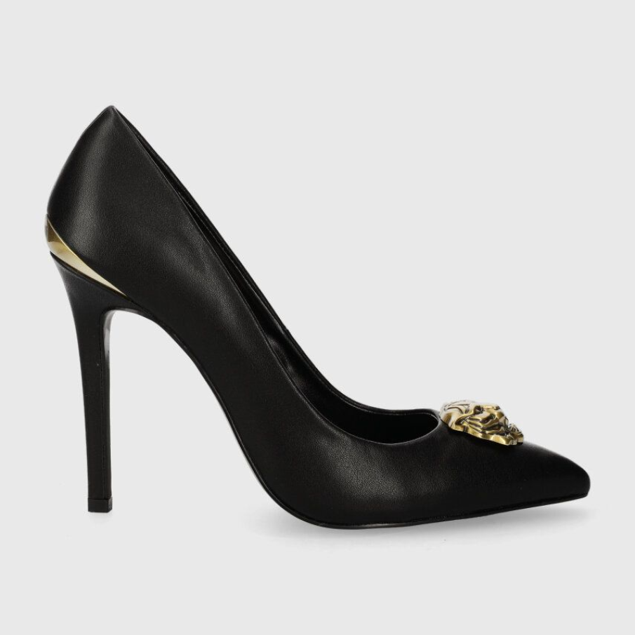 Pantofi negri tip stilettos, de piele, by Just Cavalli, cu accente minimaliste aurii deasupra tocului și detaliu auriu în formă de leu 