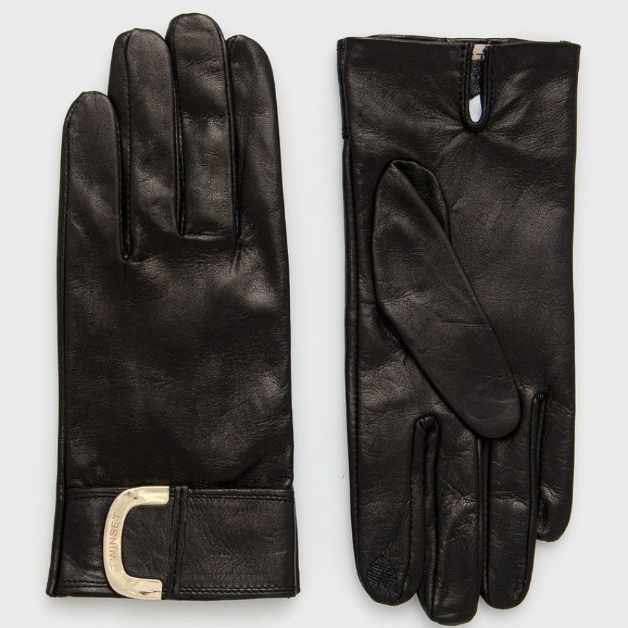 Mănuși de piele Twinset, confecționate din material subțire, cu detaliu metalic auriu frontal la încheietură