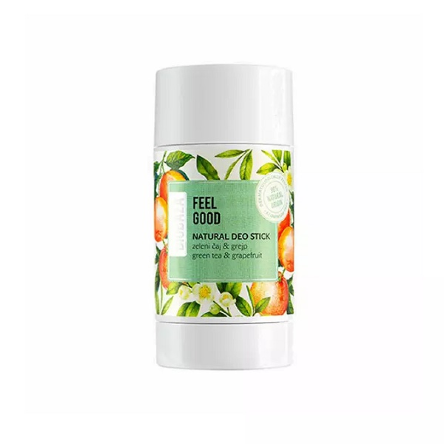 Deodorant stick natural fără aluminiu, cu grapefruit și ceai verde, Feel Good, de la Biobaza. Are textură mătăsoasă, fără aluminiu, cu ulei din coajă de grapefruit 