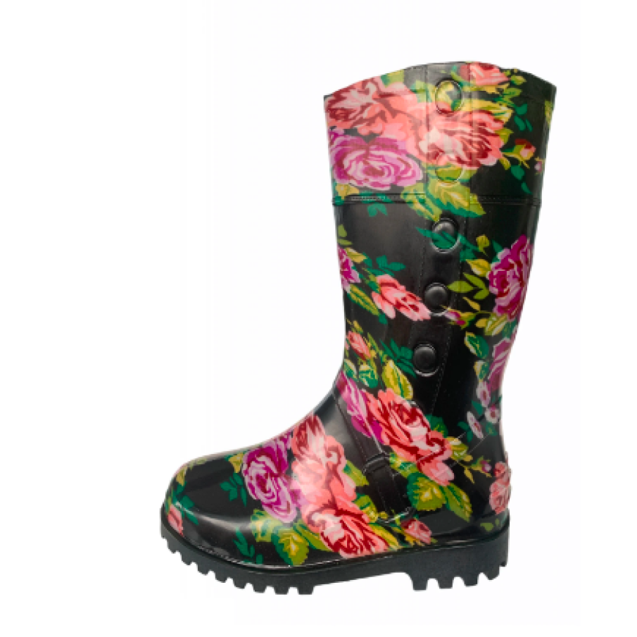 Cizme de cauciuc pentru damă, negru cu imprimeu trandafiri