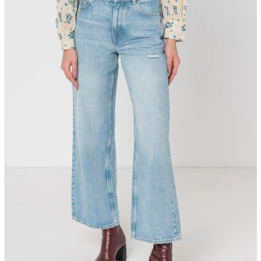 Blugi cu croiala ampla si talie inalta Marc O'Polo, cu imprimeu uni, in nuanta de albastru deschis