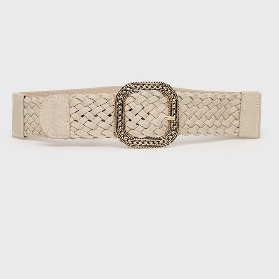 Curea Morgan bej din material împletit și cataramă metalică. Lungimea curelei este de 91 cm, iar lățimea de 5.