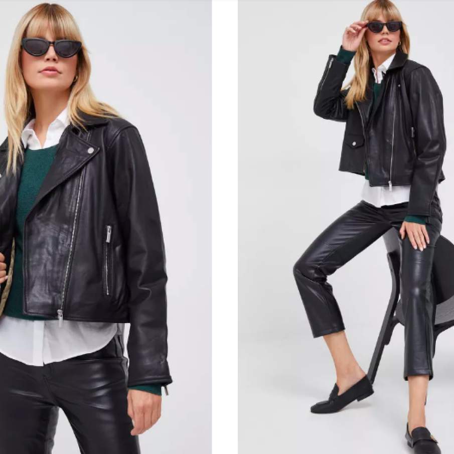 Selected Femme geacă ramones de piele femei, culoarea negru, de tranziție