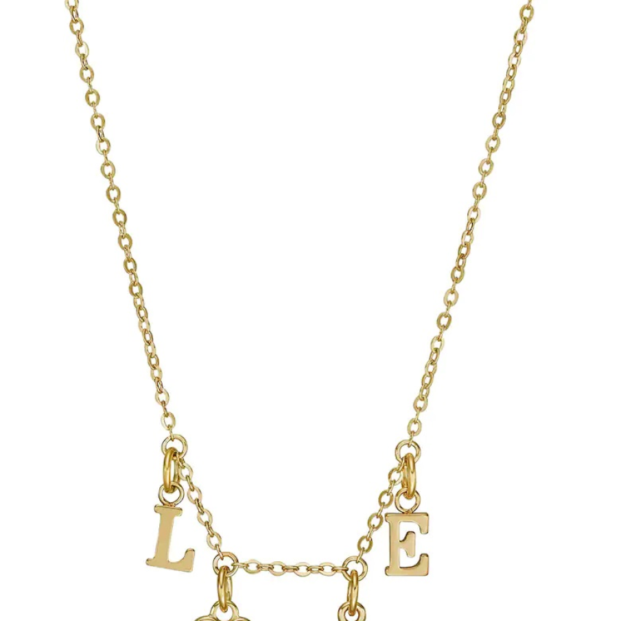 Colier Emporio Armani din inox, în nuanță de auriu, cu diverse pandative (unul în formă de inimă) care formează un mesaj grafic 