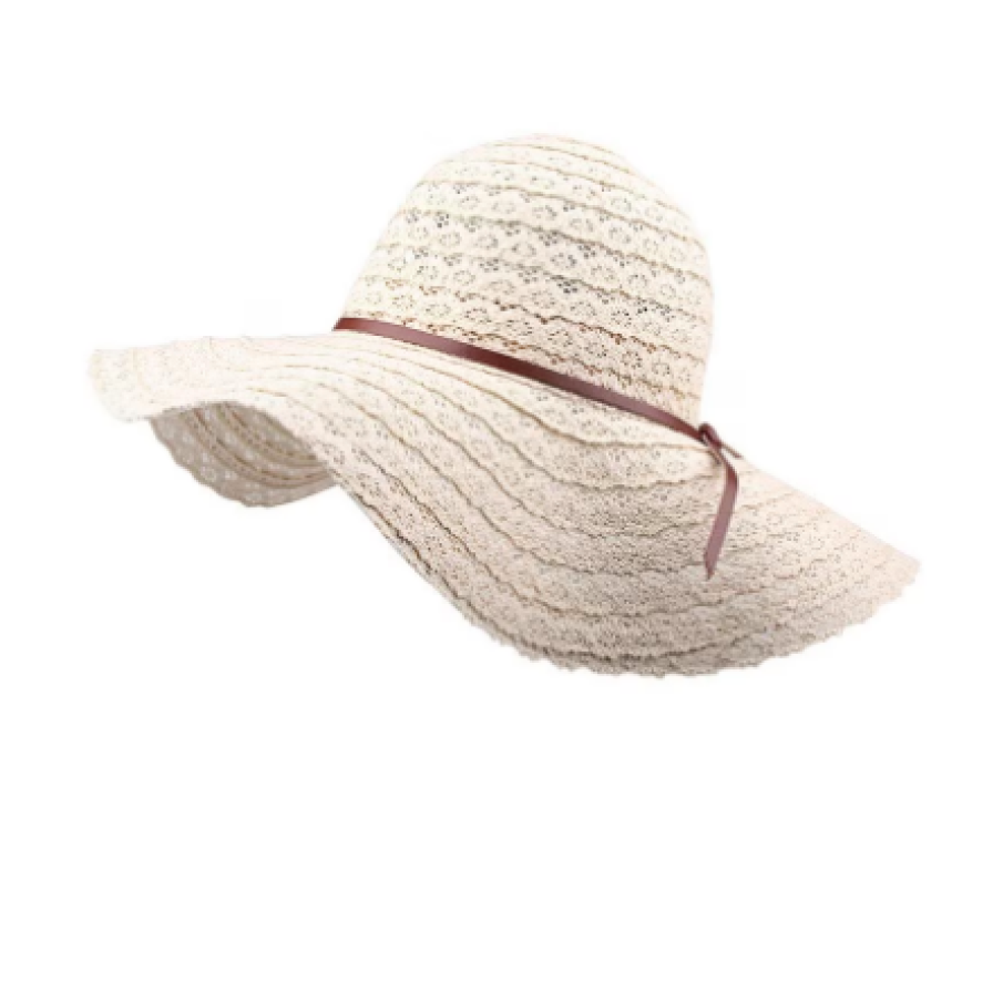 Pălărie de soare damă pentru plajă, cu bandă din piele maro, Nevermore, Crem