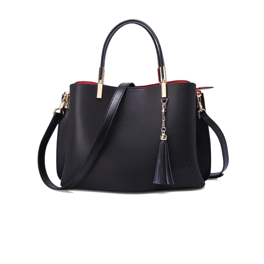 Geanta de piele C'iel neagra, cu rosu ca element contrastant. Are bareta pentru umar si bretea lunga