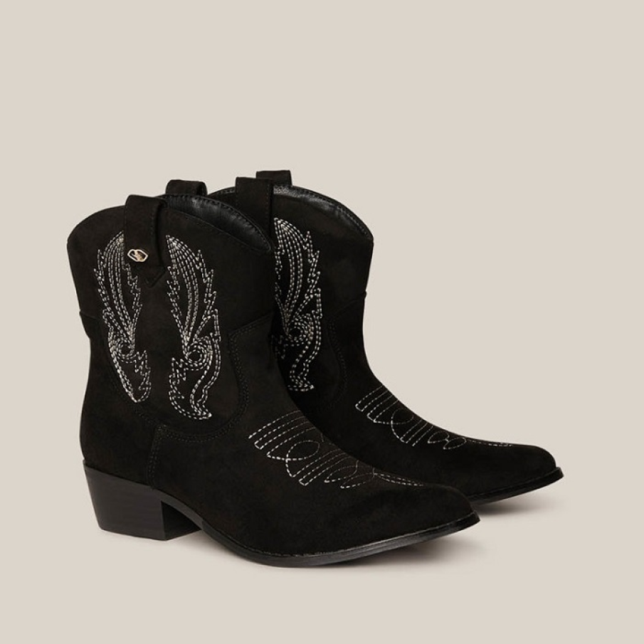 Botine tip cowboy de piele întoarsă ecologică, cu imprimeu decorativ 