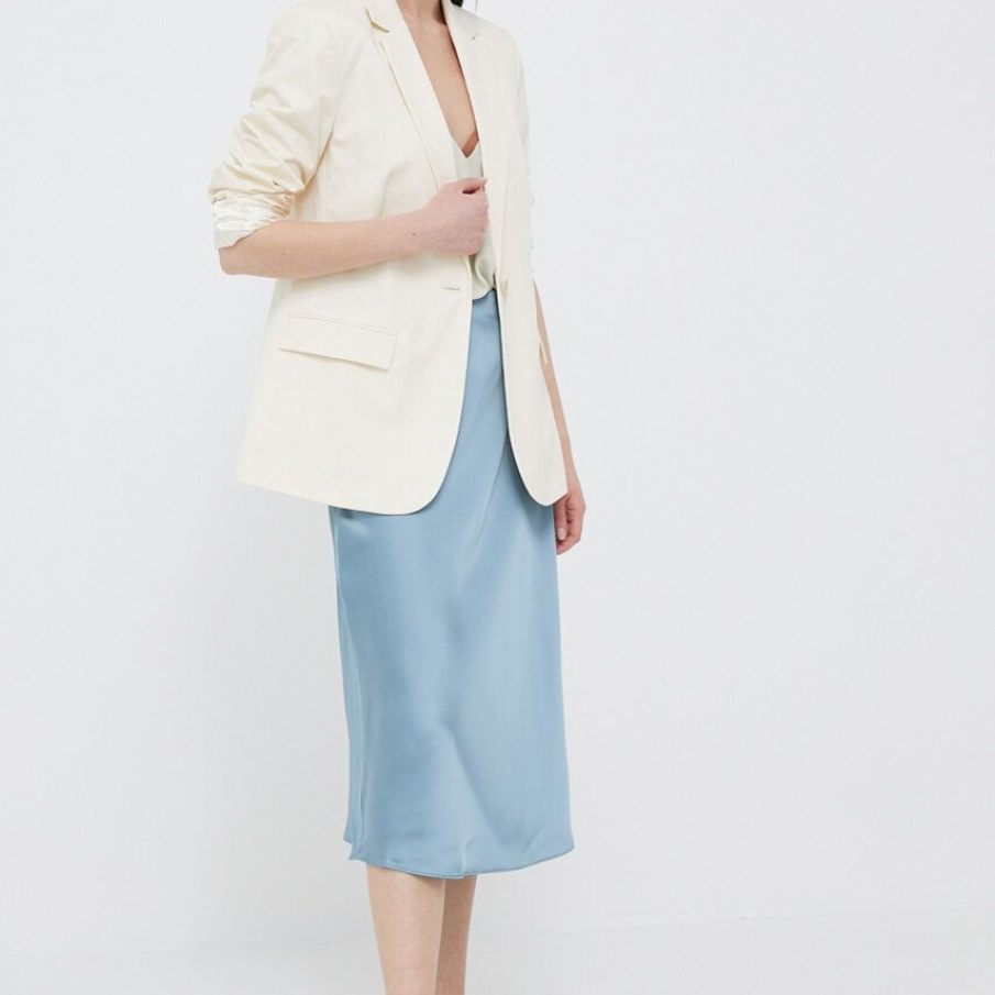 Fustă midi Lauren Ralph Lauren cu aspect satinat în nuanță de baby blue, cu bandă elastică în talie