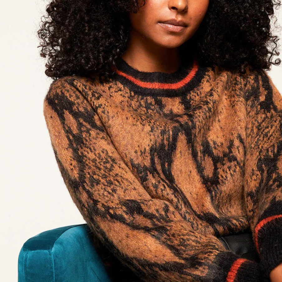 Pulover Motivi din amestec de mohair, în stil animal print abstract, cu decolteu rotund la baza gâtului
