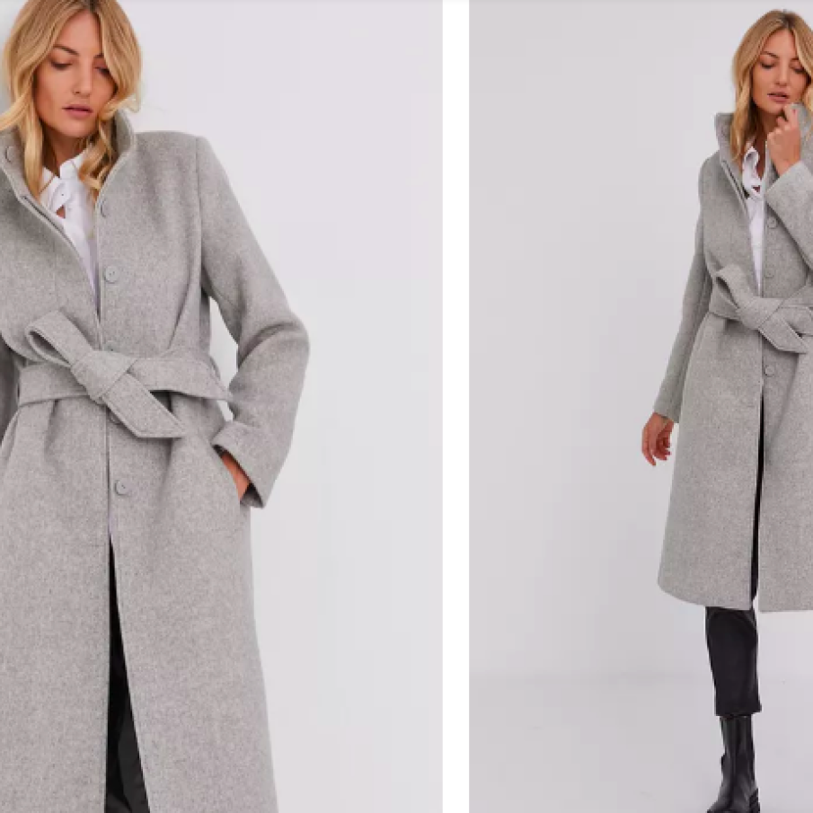 Palton lung gri cu cordon în talie