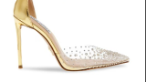 Pantofi stiletto în nuanță de auriu, decorați cu material transparent în partea frontală și ștrasuri