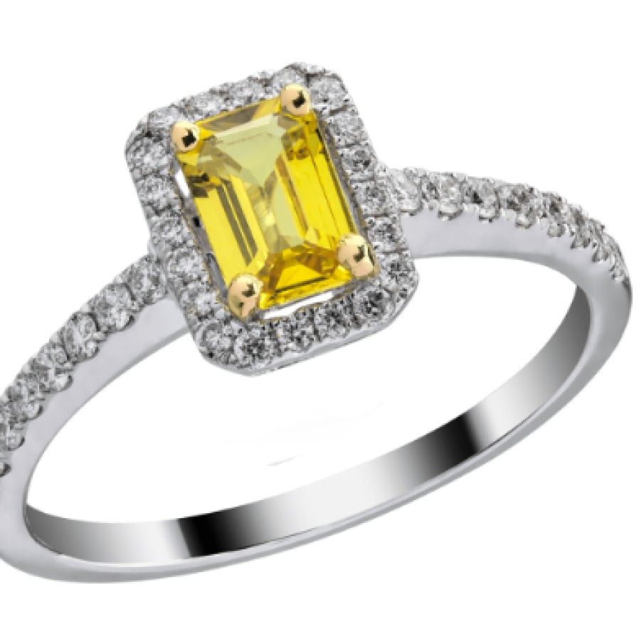 Inel de logodnă din aur alb de 18K cu safir galben de 0.57ct și diamant de 0.28ct