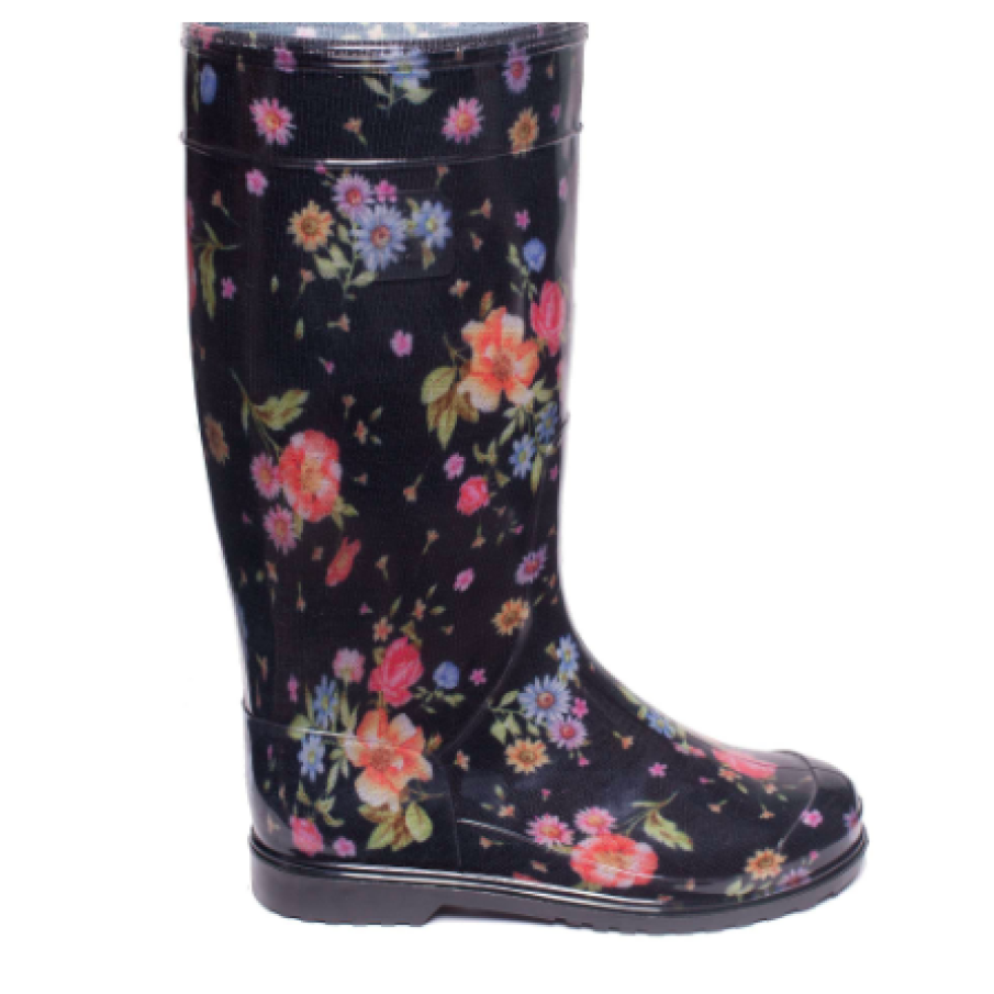 Cizme de cauciuc imprimeu MACES pe fundal negru pentru dame, OLDCOM