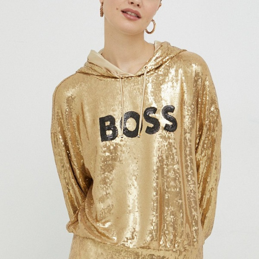 Bluză în nuanță de auriu strălucitor de la BOSS, cu imprimeu negru cu logo și glugă pentru un aspect tineresc și cool 