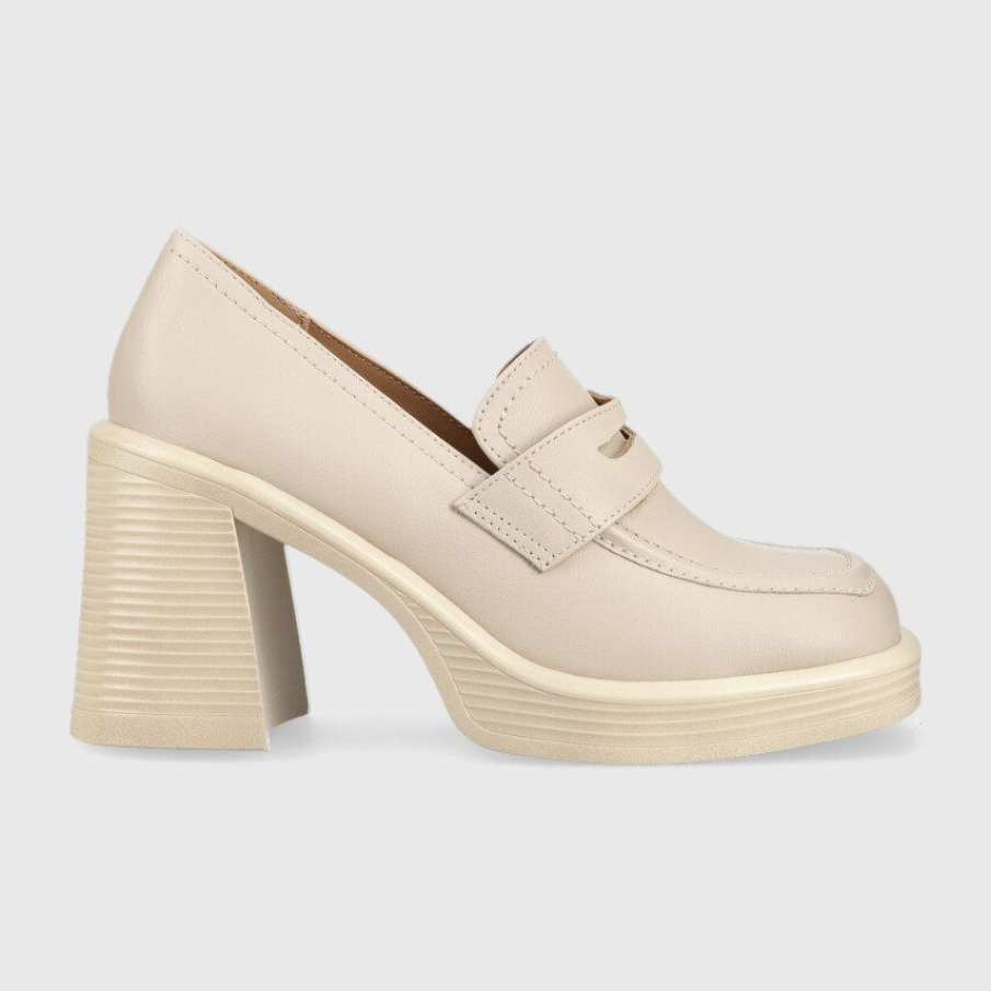 Pantofi de piele albă Steve Madden, în nuanța deschisă de bej, cu toc stabil de 9,5 cm.