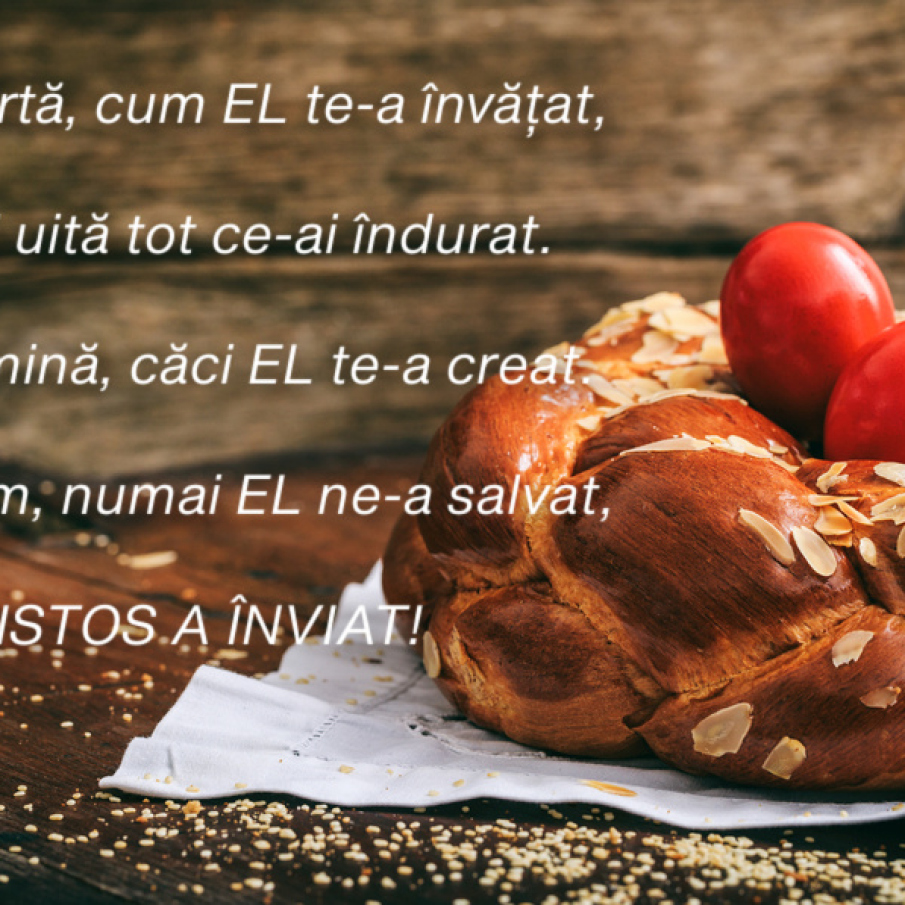 Felicitare de Paște cu mesaje de Înviere, cu ouă roșii și pască tradițională românescă.