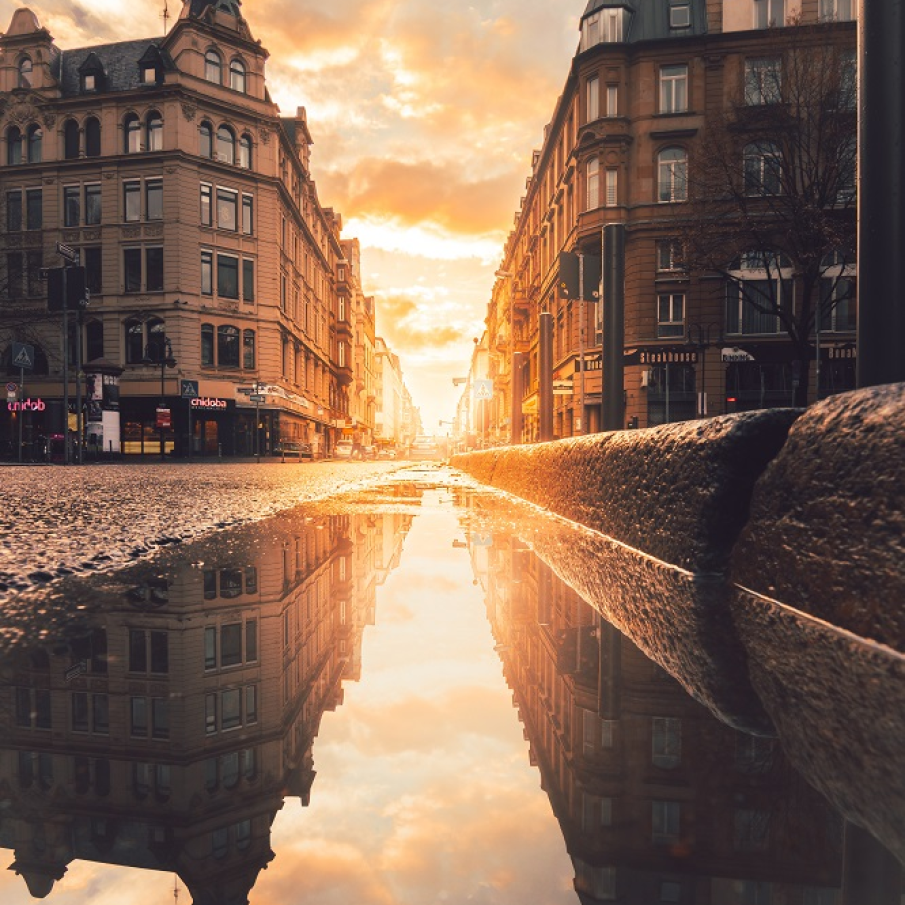 Orașul Frankfurt imortalizat dis-de-dimineată  într-o băltoacă 