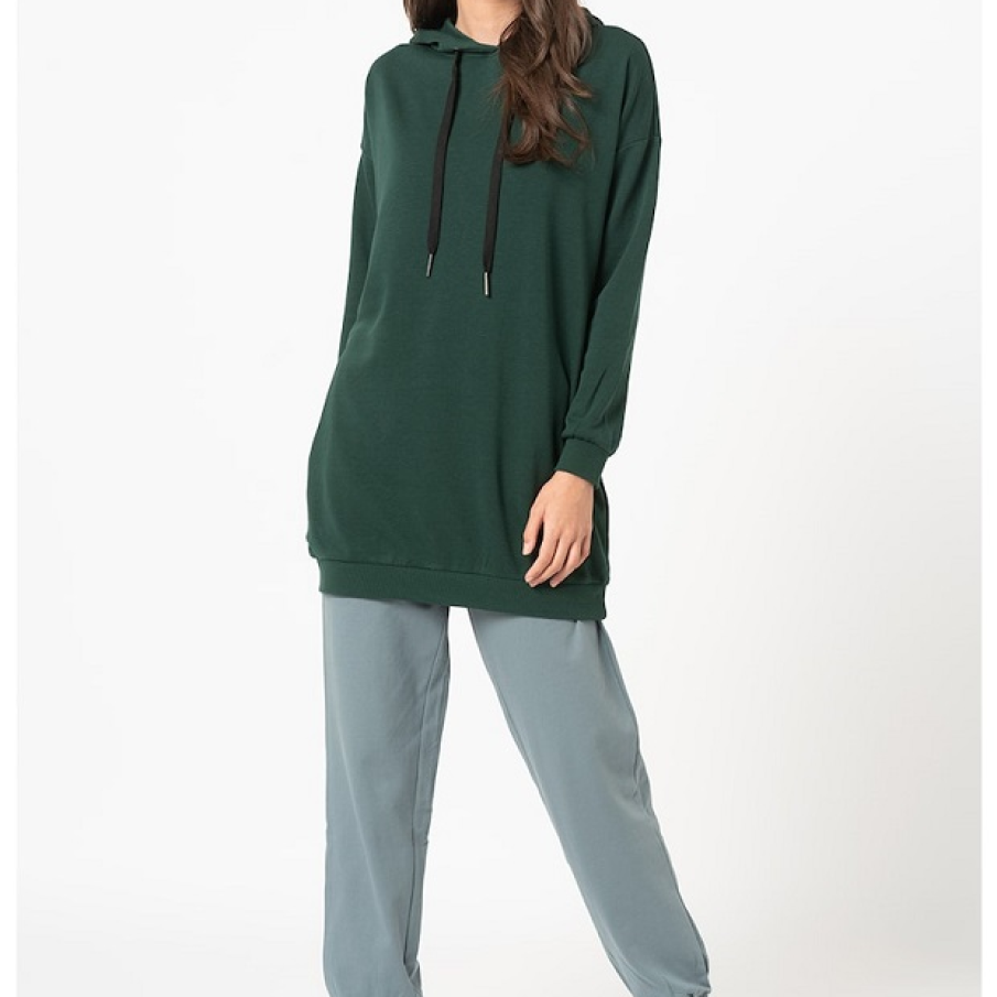 Hanorac casual lung Noisy May, în nuanță de verde englezesc, cu mâneci căzute