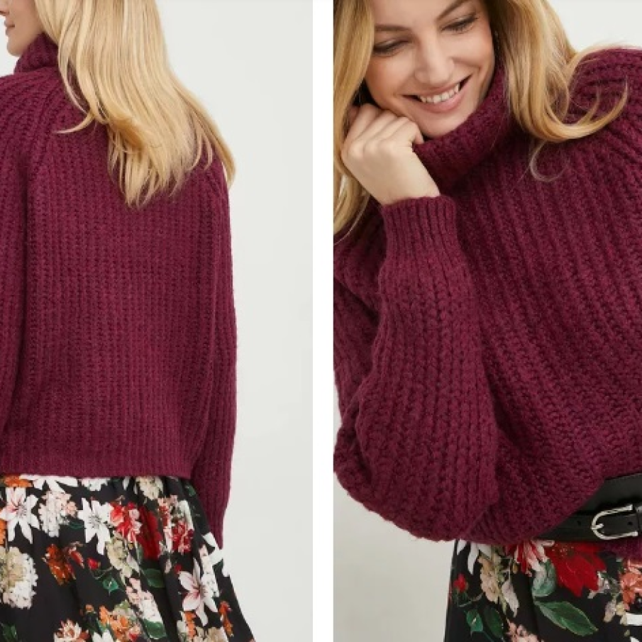  Pulover călduros în nuanță de roșu bordo, din amestec cu lână, cu guler. 