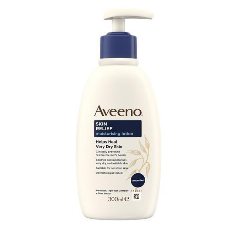 Loțiune hidratantă neparfumată pt piele foarte uscată Aveeno Skin Relief. Are o formulă neparfumată care calmează și protejează pielea