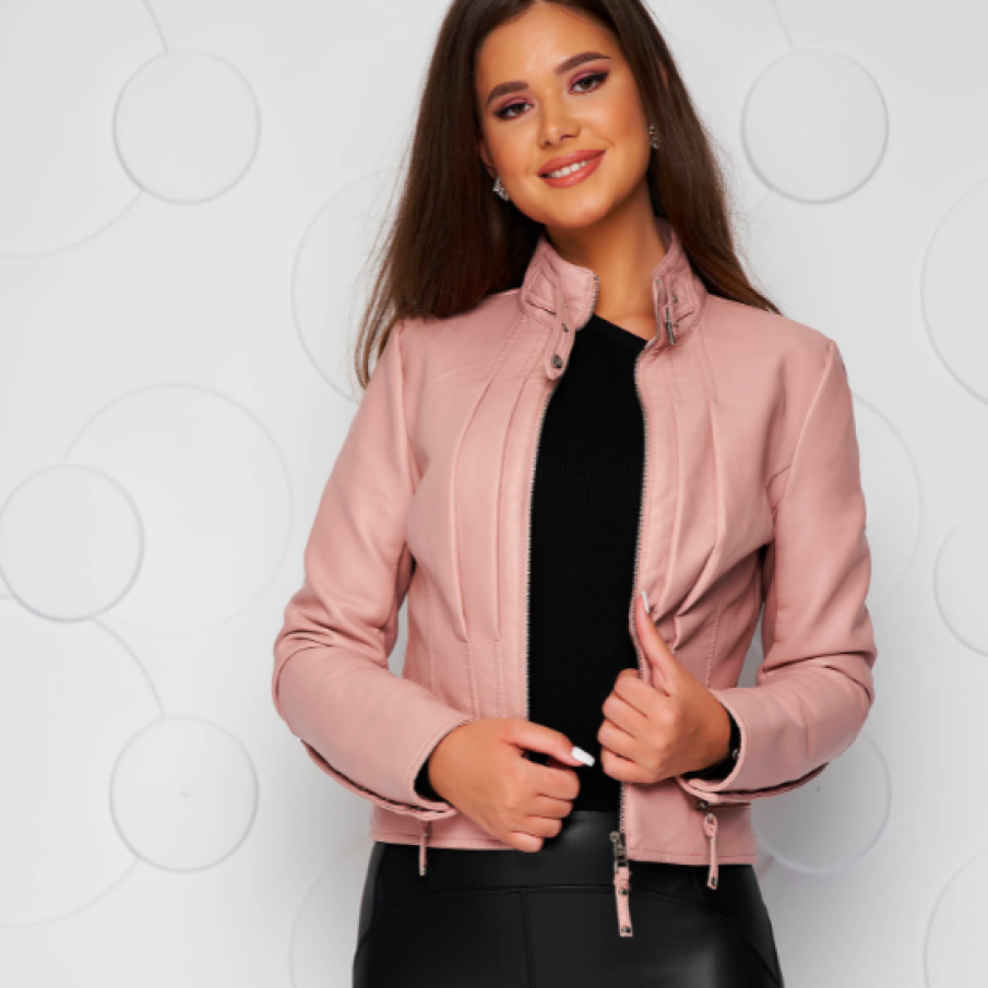 Geacă SunShine din piele ecologică roz deschis casual scurtă pe gât