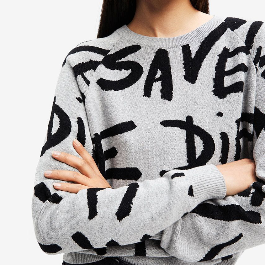 Pulover Desigual din bumbac 100%, cu imprimeu grafic si modern 