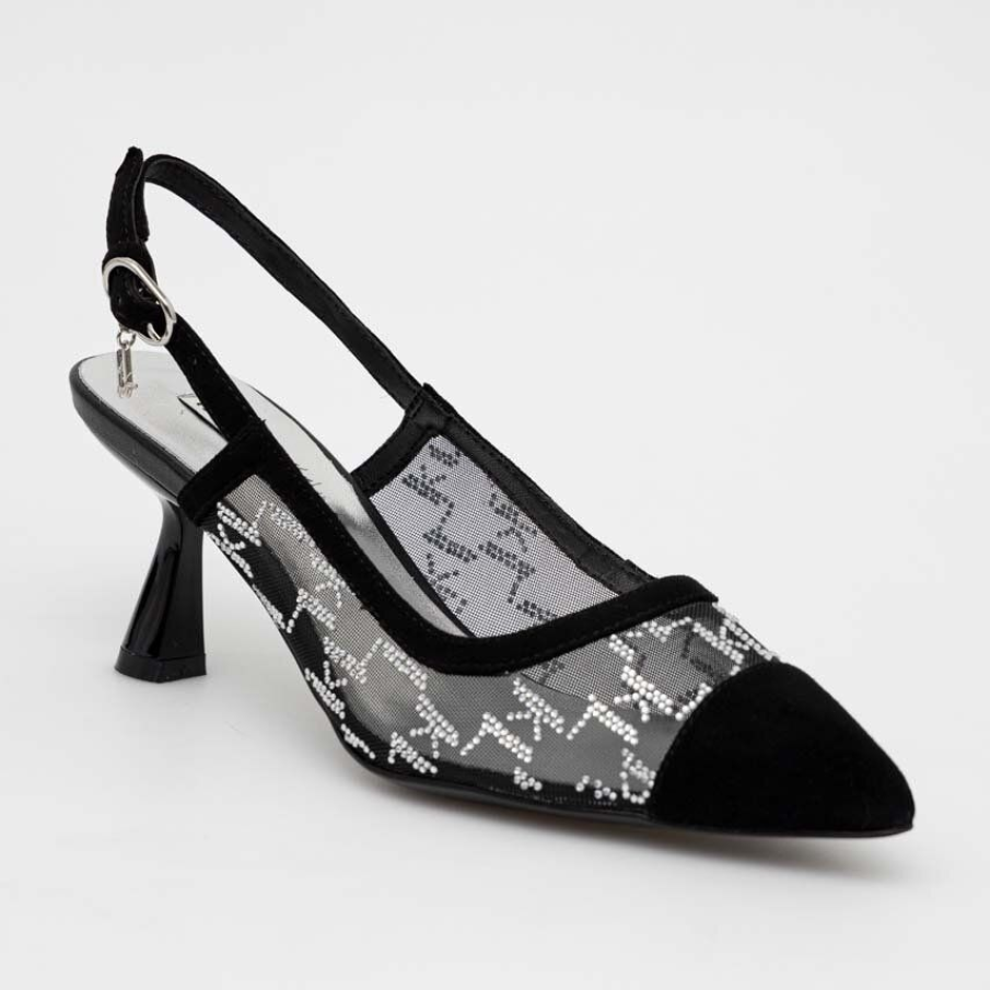 Pantofi Karl Lagerfeld tip slingback cu material textil semitransparent, decorat cu detalii minuscule