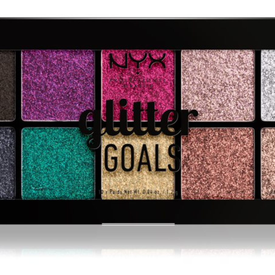 Paletă cu farduri cu sclipici de la NYX Professional Makeup. Conține 10 nuanțe superbe, care aderă imediat la pleoapă