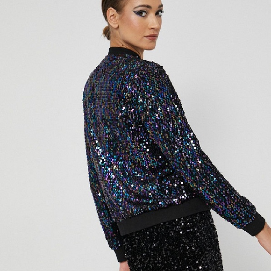 Bluza Medicine din material cu paiete, cu finisaj din manșetă și închidere cu fermoar 